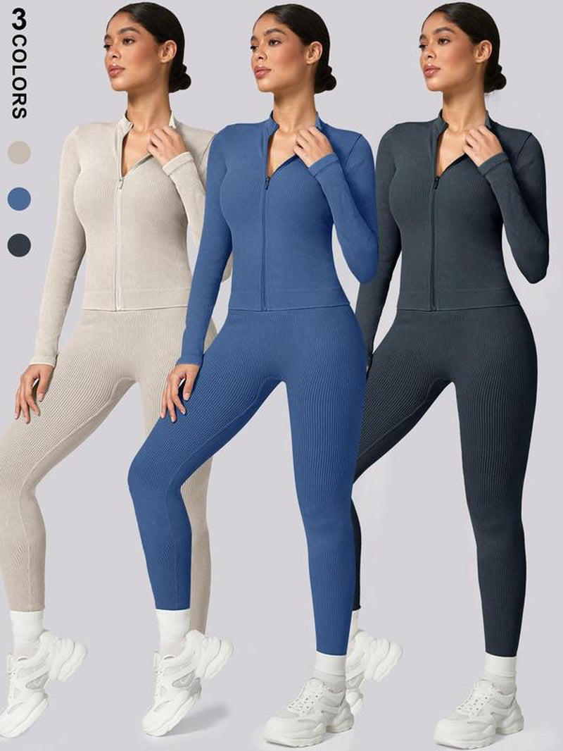 Women'S Plain Tracksuit Set, Comfort Sports Zip up Crop Jacket & High Waist Leggings, Ladies Spring & Fall Clothes, Gym Wear, Sweatsuit, Outfit Sets for Women, Yoga Clothes Set, Athletic Tracksuit, Elegant Gym Outfits, Workout Sets for Women