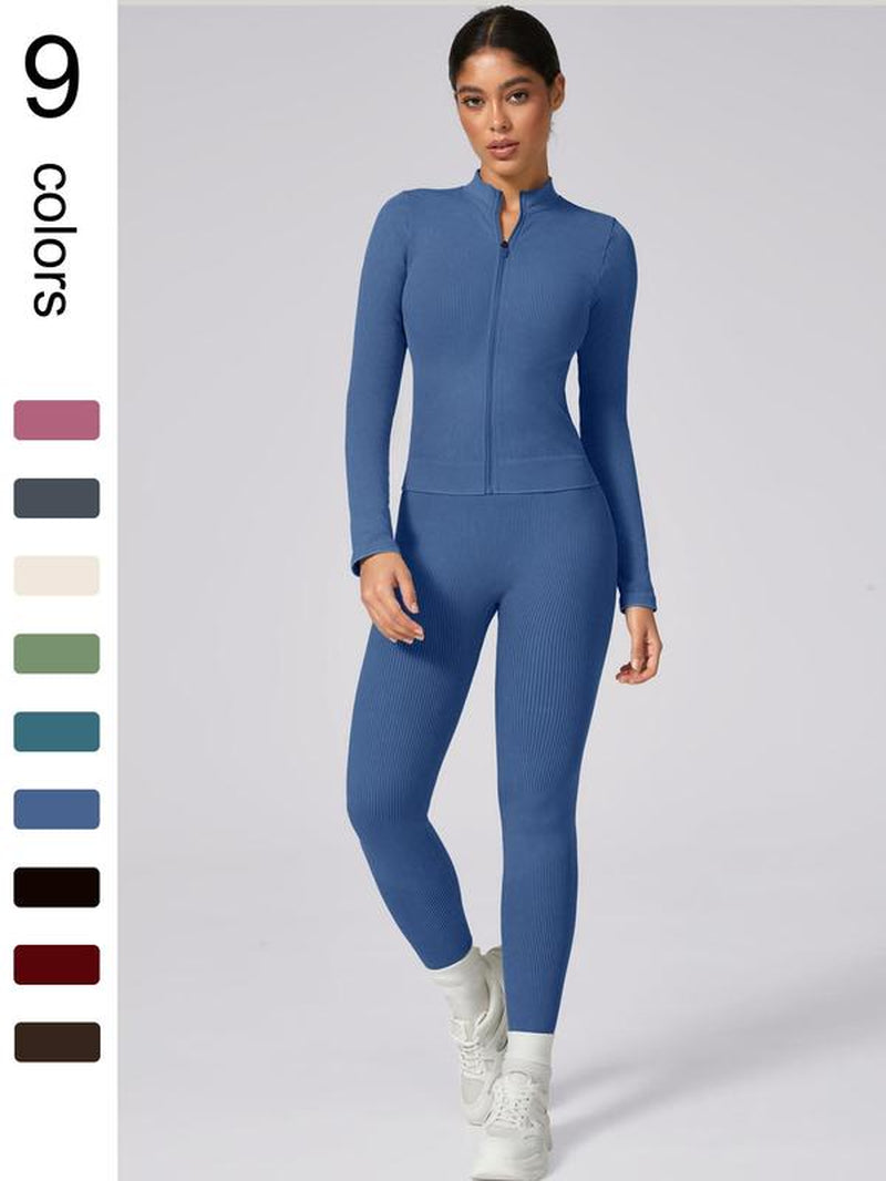 Women'S Plain Tracksuit Set, Comfort Sports Zip up Crop Jacket & High Waist Leggings, Ladies Spring & Fall Clothes, Gym Wear, Sweatsuit, Outfit Sets for Women, Yoga Clothes Set, Athletic Tracksuit, Elegant Gym Outfits, Workout Sets for Women