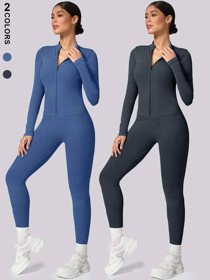 Women'S Plain Tracksuit Set, Comfort Sports Zip up Crop Jacket & High Waist Leggings, Ladies Spring & Fall Clothes, Gym Wear, Sweatsuit, Outfit Sets for Women, Yoga Clothes Set, Athletic Tracksuit, Elegant Gym Outfits, Workout Sets for Women