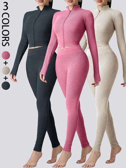 Women'S Plain Tracksuit Set, Comfort Sports Zip up Crop Jacket & High Waist Leggings, Ladies Spring & Fall Clothes, Gym Wear, Sweatsuit, Outfit Sets for Women, Yoga Clothes Set, Athletic Tracksuit, Elegant Gym Outfits, Workout Sets for Women