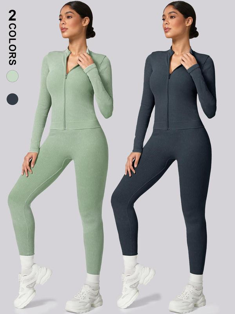 Women'S Plain Tracksuit Set, Comfort Sports Zip up Crop Jacket & High Waist Leggings, Ladies Spring & Fall Clothes, Gym Wear, Sweatsuit, Outfit Sets for Women, Yoga Clothes Set, Athletic Tracksuit, Elegant Gym Outfits, Workout Sets for Women