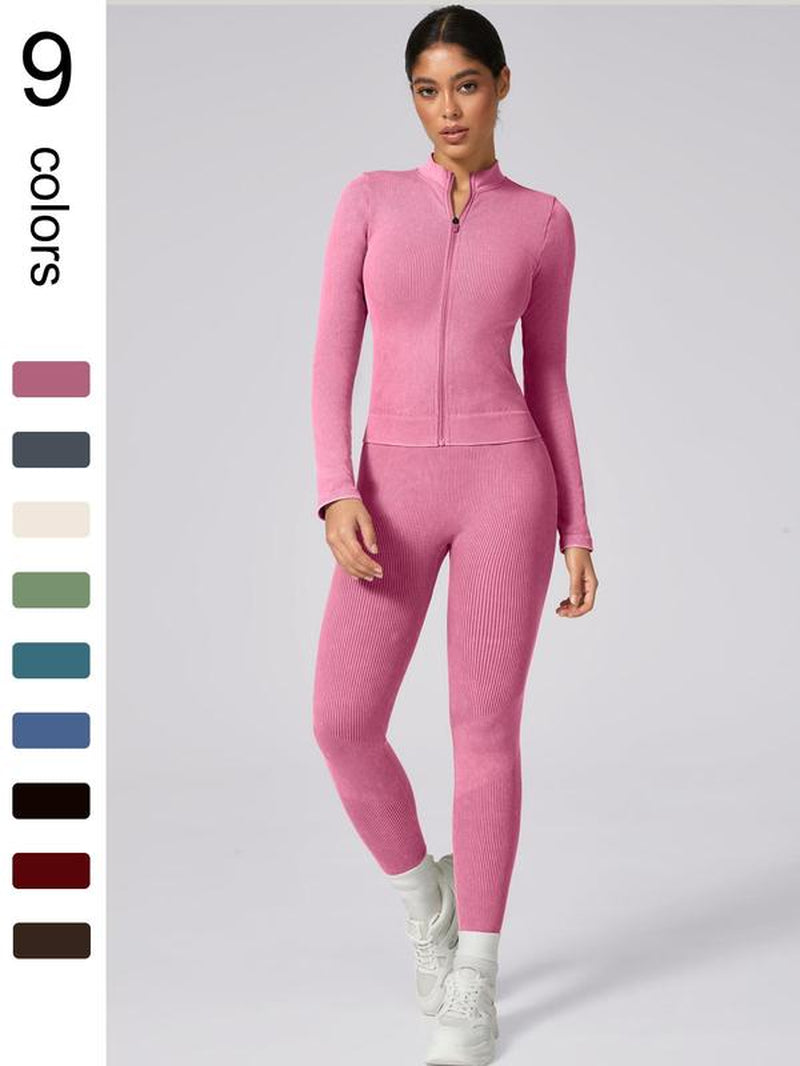 Women'S Plain Tracksuit Set, Comfort Sports Zip up Crop Jacket & High Waist Leggings, Ladies Spring & Fall Clothes, Gym Wear, Sweatsuit, Outfit Sets for Women, Yoga Clothes Set, Athletic Tracksuit, Elegant Gym Outfits, Workout Sets for Women