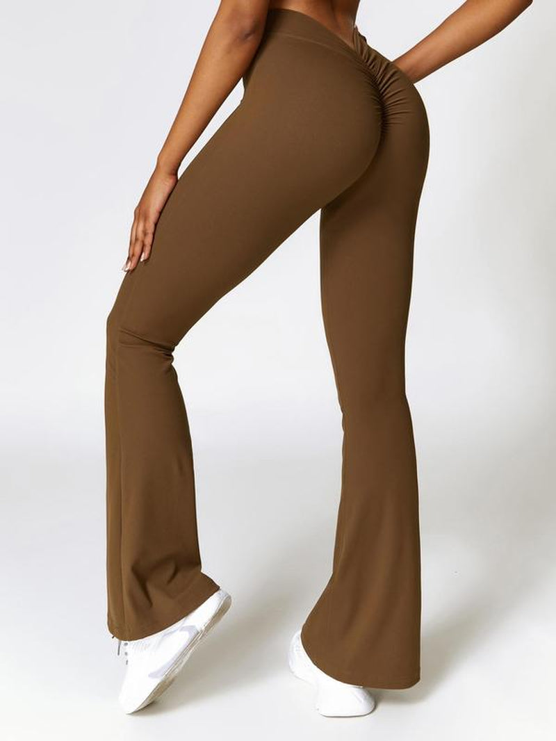 Women'S Solid Ruched Flare Leg Sports Leggings, High Waist Tight-Fitting Bell Bottom Pants for Gym Yoga Workout, Ladies Sportswear Clothing for Indoor Outdoor Wear, Women'S Tight Pants, Tummy Control