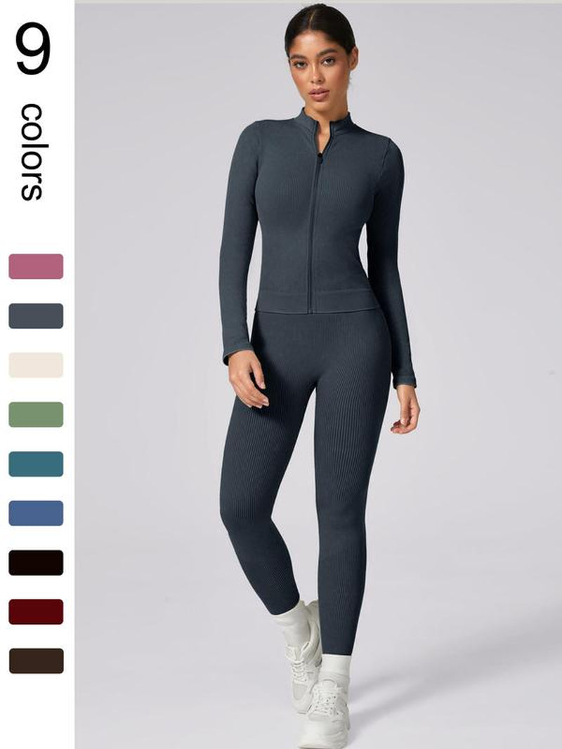 Women'S Plain Tracksuit Set, Comfort Sports Zip up Crop Jacket & High Waist Leggings, Ladies Spring & Fall Clothes, Gym Wear, Sweatsuit, Outfit Sets for Women, Yoga Clothes Set, Athletic Tracksuit, Elegant Gym Outfits, Workout Sets for Women