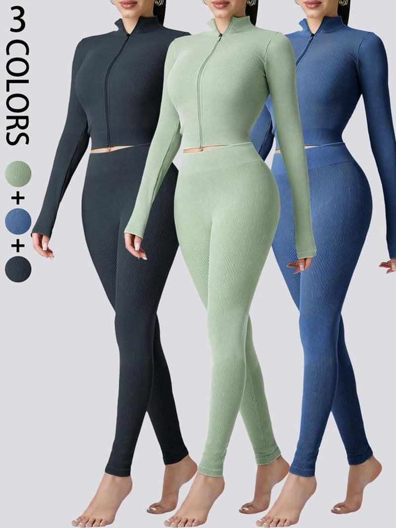 Women'S Plain Tracksuit Set, Comfort Sports Zip up Crop Jacket & High Waist Leggings, Ladies Spring & Fall Clothes, Gym Wear, Sweatsuit, Outfit Sets for Women, Yoga Clothes Set, Athletic Tracksuit, Elegant Gym Outfits, Workout Sets for Women